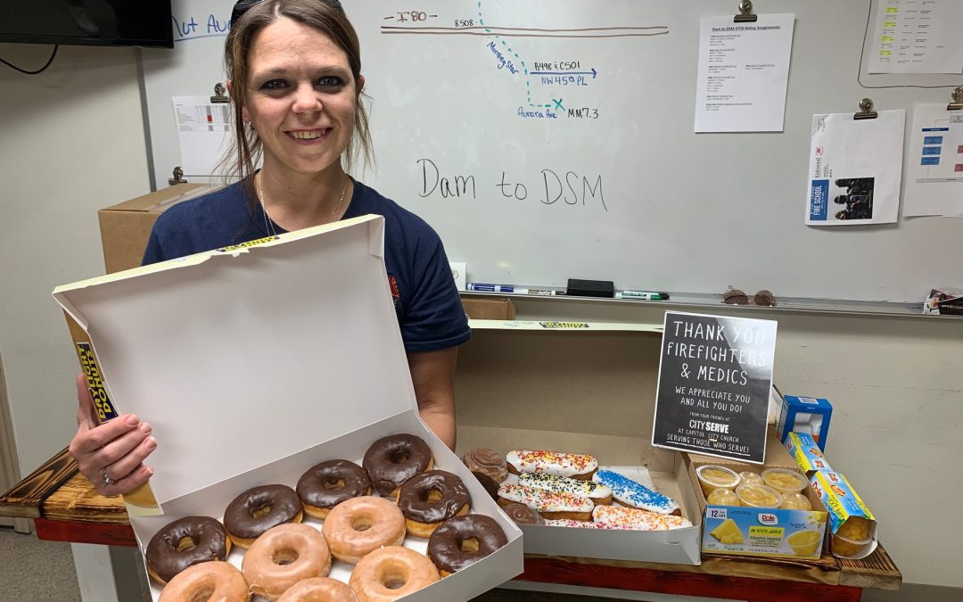 Providing fresh doughnuts and fruit for members of the Saylor Fire Department as they were preparing to assist in the 2021 EMC DAM to DSM Race.